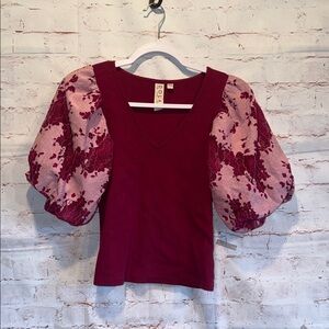 Dolan Left Coast Anthropologie Burgundy Pink lace Puff Sleeve Blouse XS V Neck